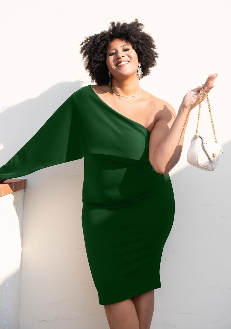 GOBLES Women's Summer Sexy One Shoulder Ruffle Bodycon Midi Cocktail Dress Green - Image 3